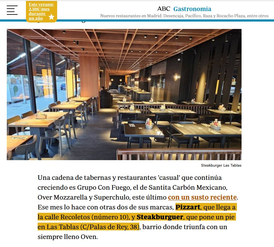 Nuevos restaurantes en Madrid: SteakBurger en Las Tablas y Pizzart en Recoletos, entre otros…
