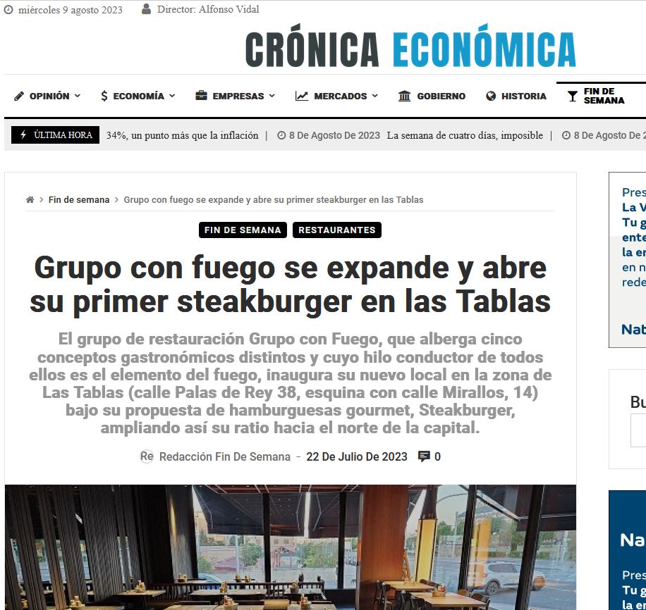 Grupo con fuego se expande y abre su primer SteakBurger en Las Tablas, Madrid.